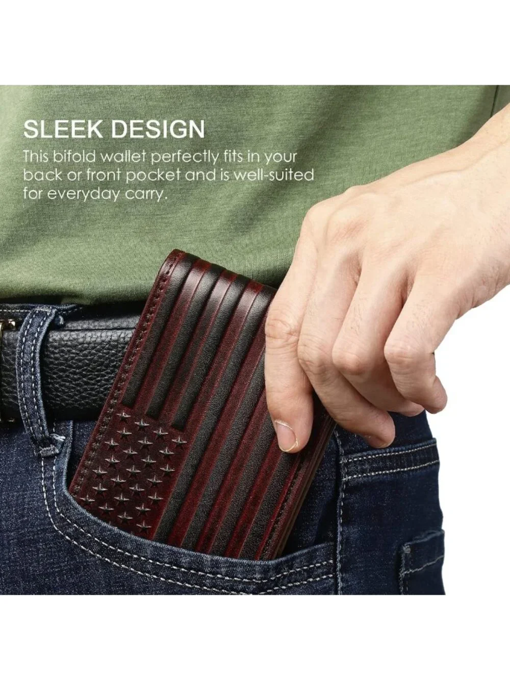 Men's Bifold Leather Wallet with RFID Blocking, 12 Card Slots, USA Flag Design